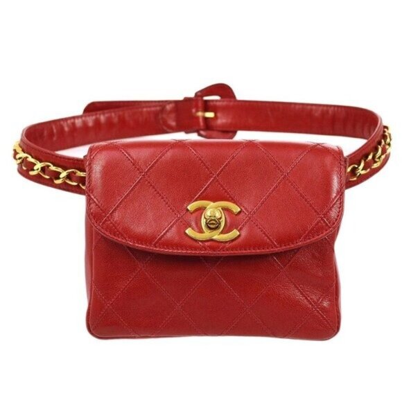 CHANEL 24K Vintage Waist Bag Fanny Pack CC Lambskin Waist Bag Pouch Bum Bag Red - Picture 3 of 16